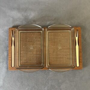 Mid Century Denmark Teak Appetizer Tray w/ Dual Plastic Inserts & Forks